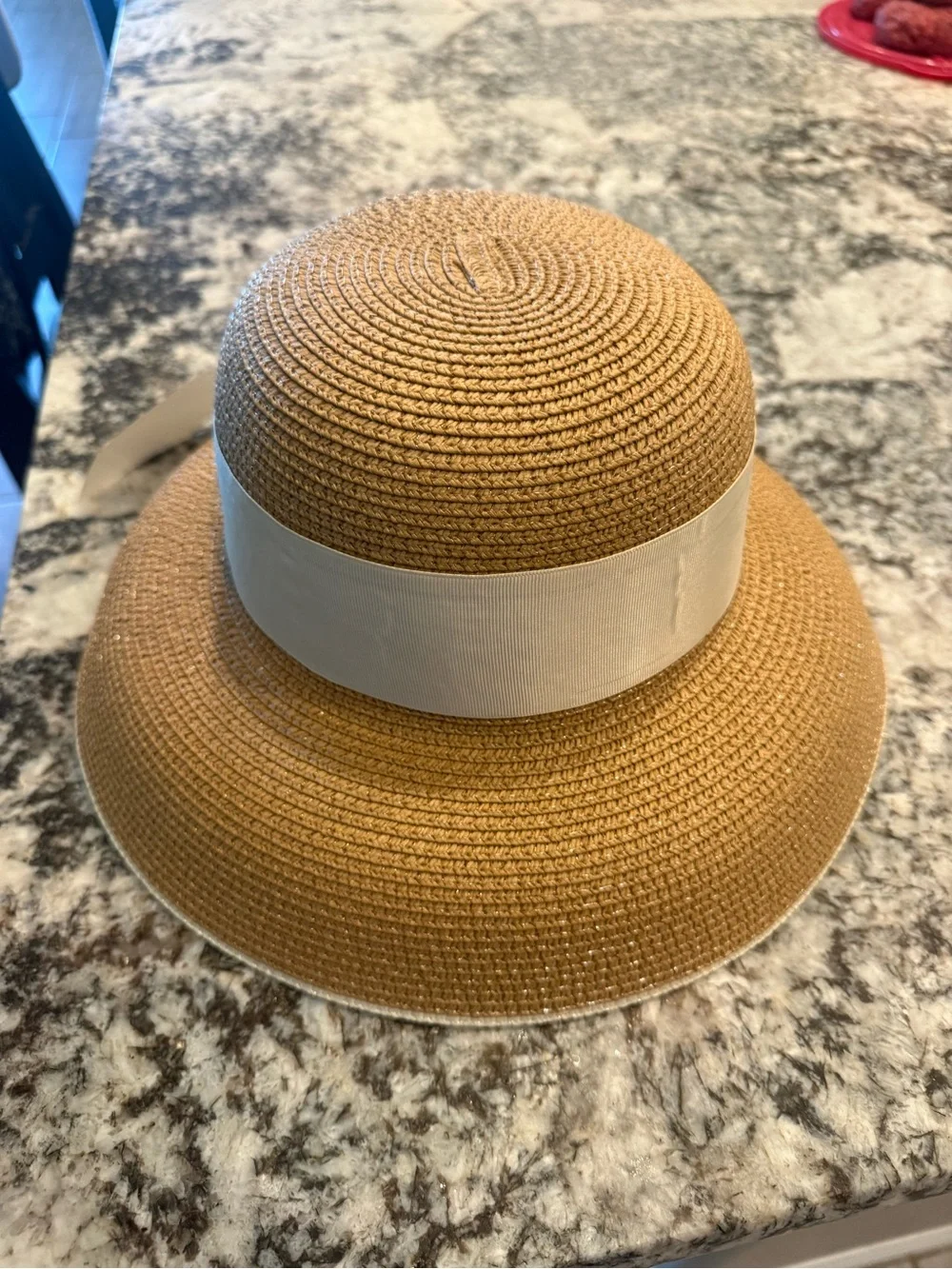 Surell Tan Straw European Hat with Cream Ribbon Bow